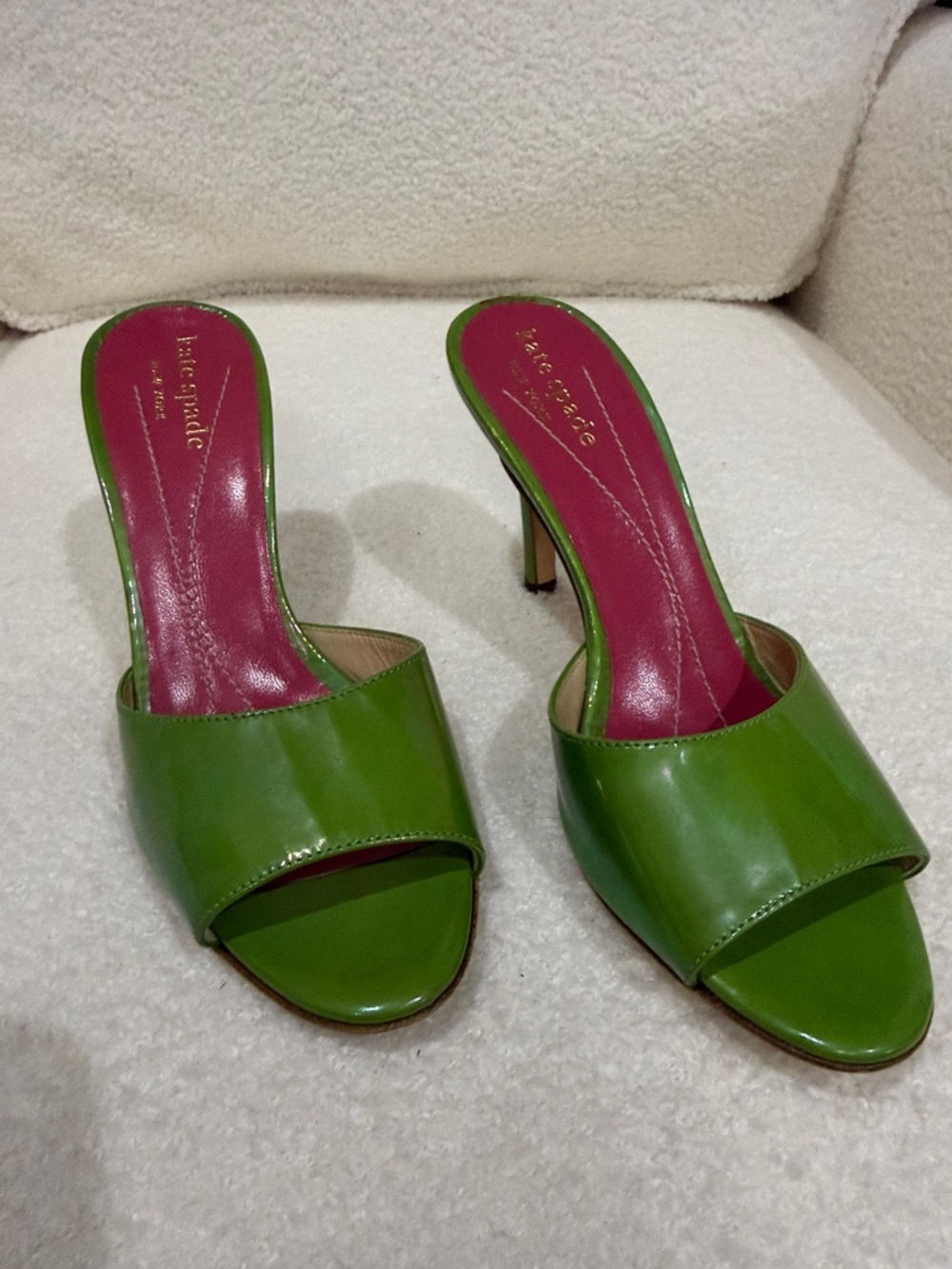 kate spade Green Patent Leather Open-Toe Slide Heels with Pink Insole